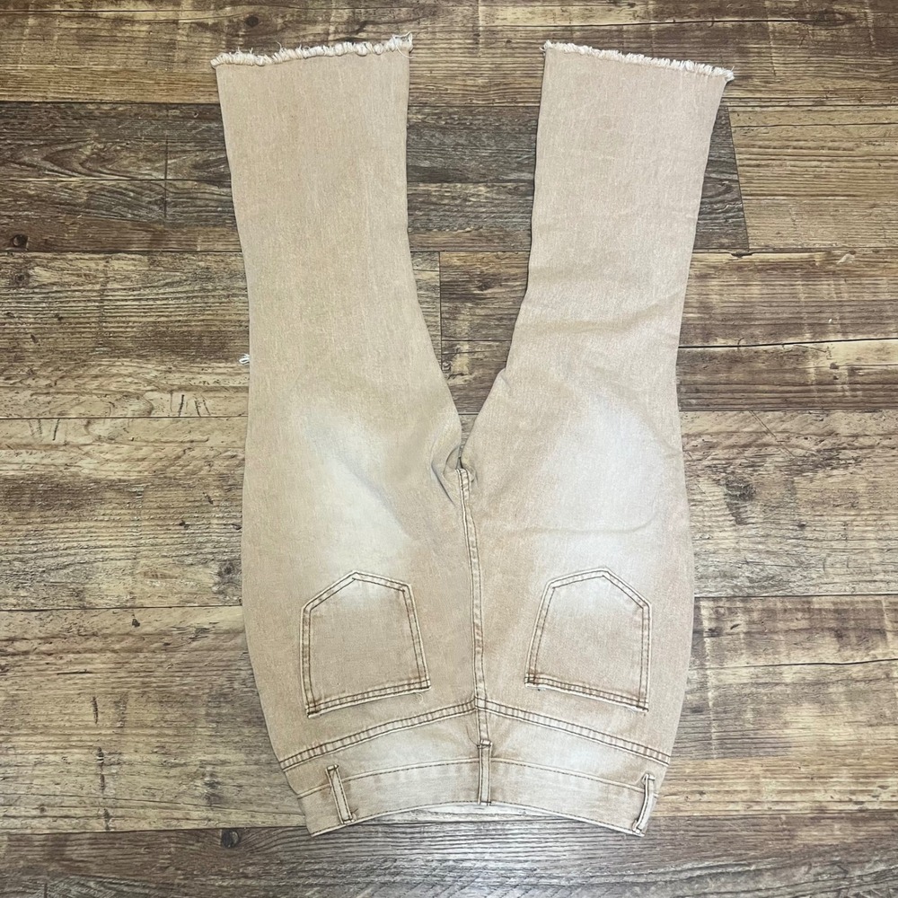 Unbranded Tan Distressed Flare Jeans High Rise Ripped Raw Hem Sand Wash Size M - Picture 9 of 10